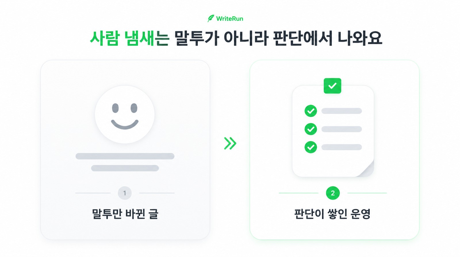 말투만 바뀐 글과 판단이 쌓인 운영을 나란히 비교한 도식