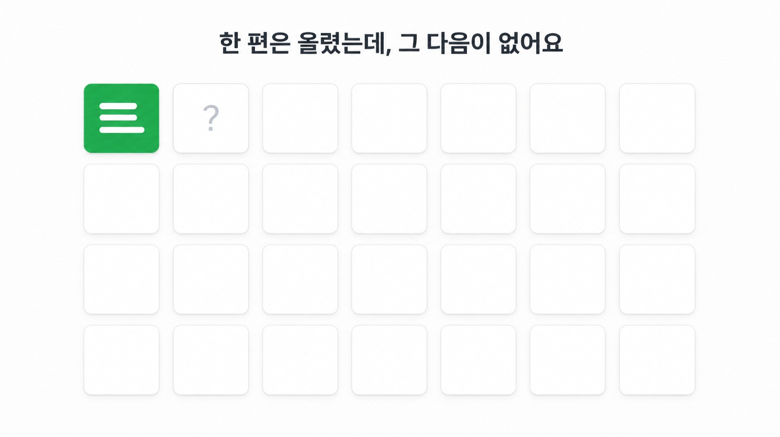 첫 칸만 채워지고 나머지는 비어 있는 콘텐츠 발행 그리드